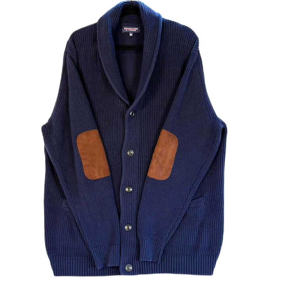 Roundtree&Yorke Men's 2XT Shawl Collar Cardigan Navy Ribbed Suede Elbow Patch
